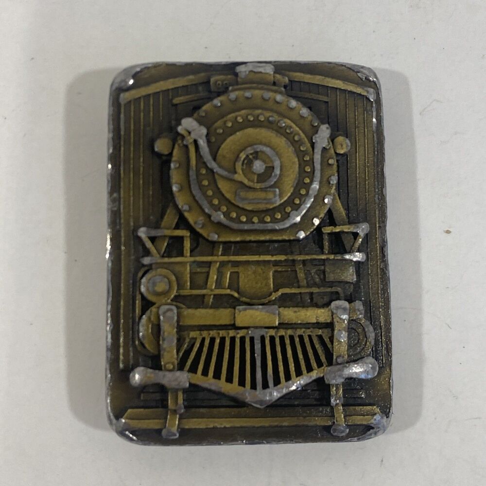 Vintage Distressed Brass Belt Buckle Indiana‎ Metal Craft Train Locamotive 2.5”